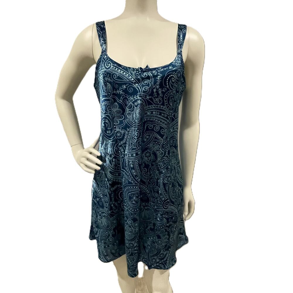 Morgan Taylor Blue Paisley Floral Nightgown Slip Dress M Side Slit Adjustable - Picture 2 of 16